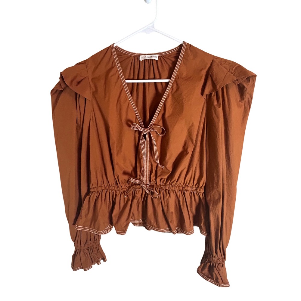 Ulla Johnson Sabina Blouse Women 6 Brown Puff Sleeve Tie Front Peplum